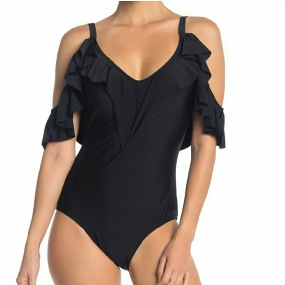 NICOLE Miller ruffled cold shoulder one piece swim - Picture 1 of 7
